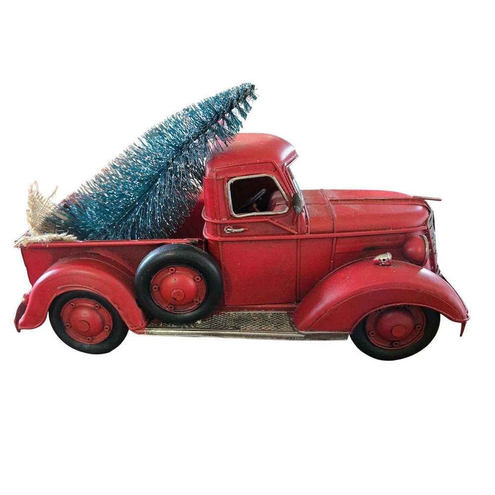 Vintage Style Red Metal Pickup Truck with Bottle Brush Christmas Tree Decor 13"